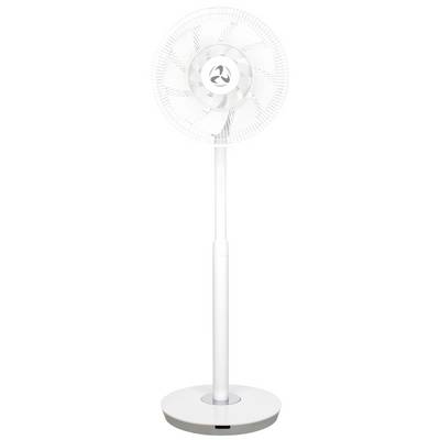 Bílý stojanový ventilátor s kulatou základnou a nastavitelným stojanem v minimalistickém designu.