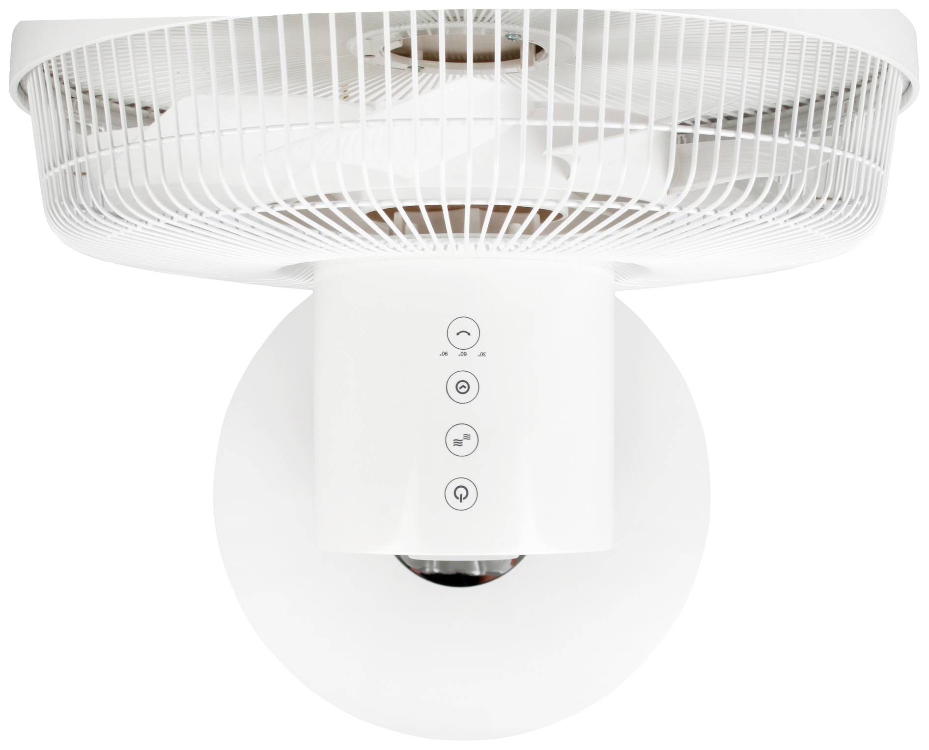 Bílý stropní ventilátor se třemi ovládacími tlačítky na spodní straně, které umožňují nastavení rychlosti ventilátoru a osvětlení.