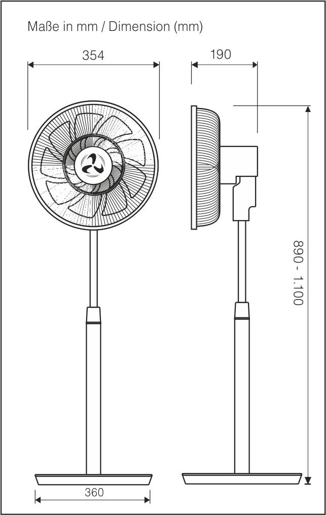 Stojanový ventilátor, rozměry v mm: výška 890-1100, průměr ventilační hlavy 354, šířka základny 360, hloubka 190.