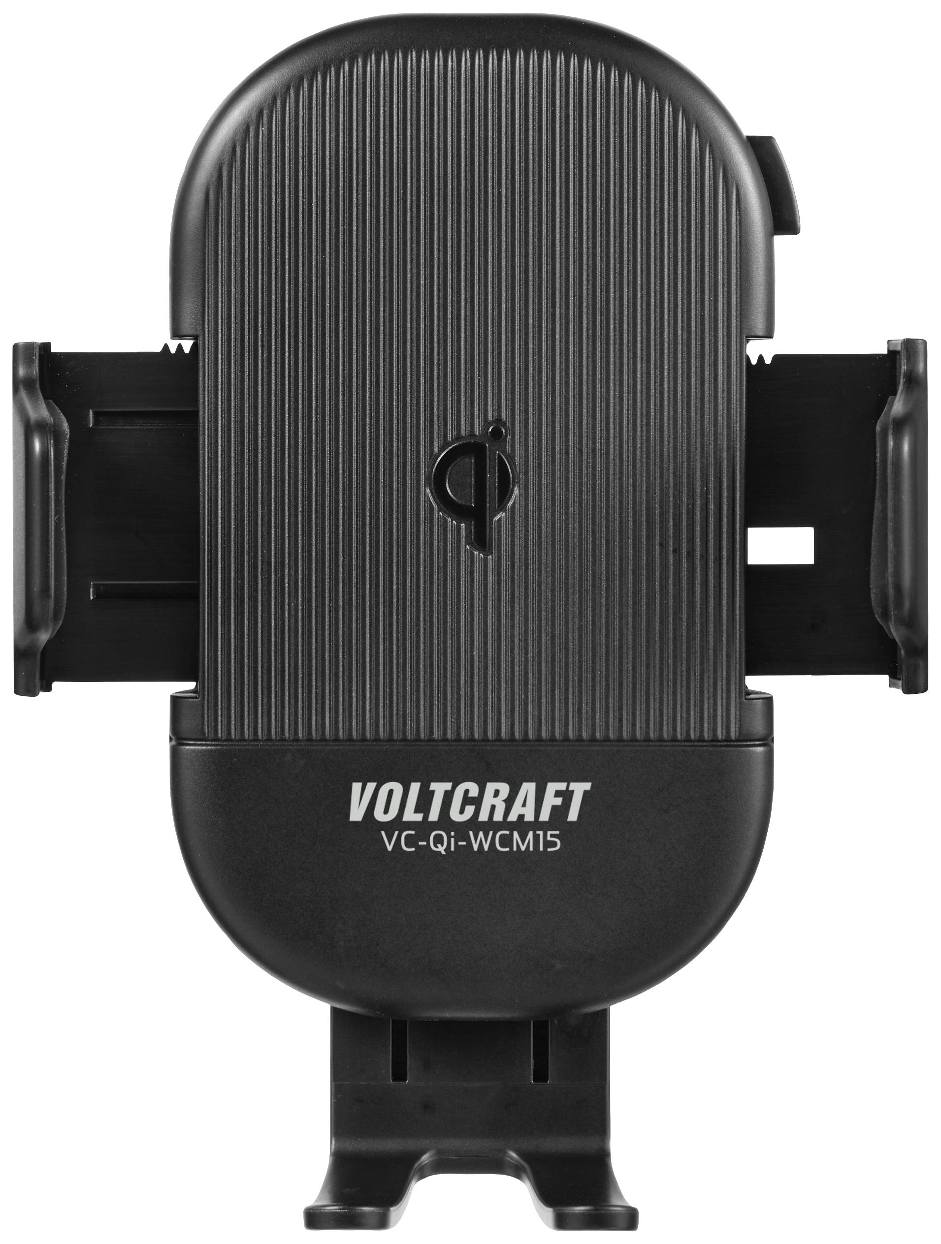 Černý držák na mobilní telefon s funkcí bezdrátového nabíjení Qi, značka 'Voltcraft' viditelná dole.