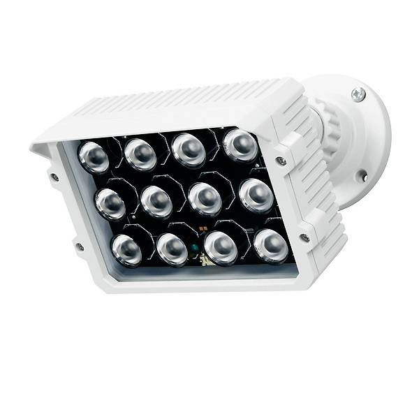 Bílá LED infračervená lampa s několika LED diodami, často používaná pro noční kamerový dohled.