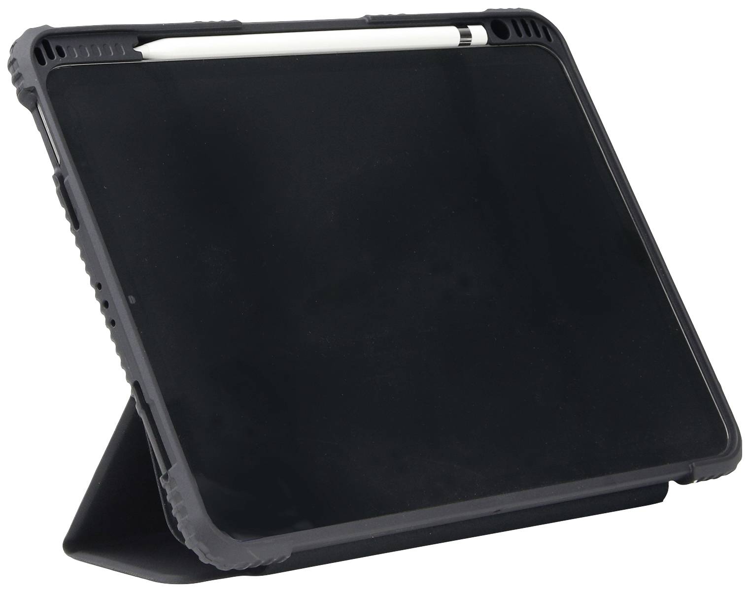 Tablet v ochranném černém pouzdře, umístěné v mírném náklonu. Nahoře leží bílé pero na psaní.