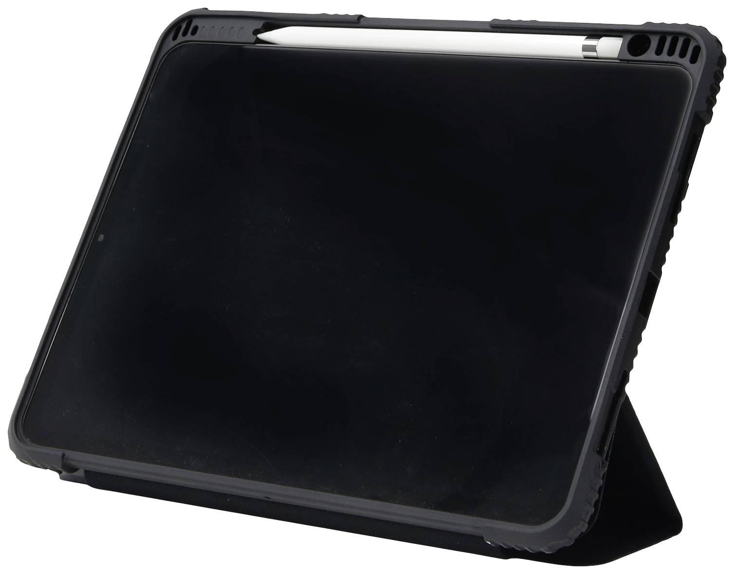 Černý tablet v horizontální orientaci s perem položeným na displeji, uložený v ochranném obalu a stojící na stole.