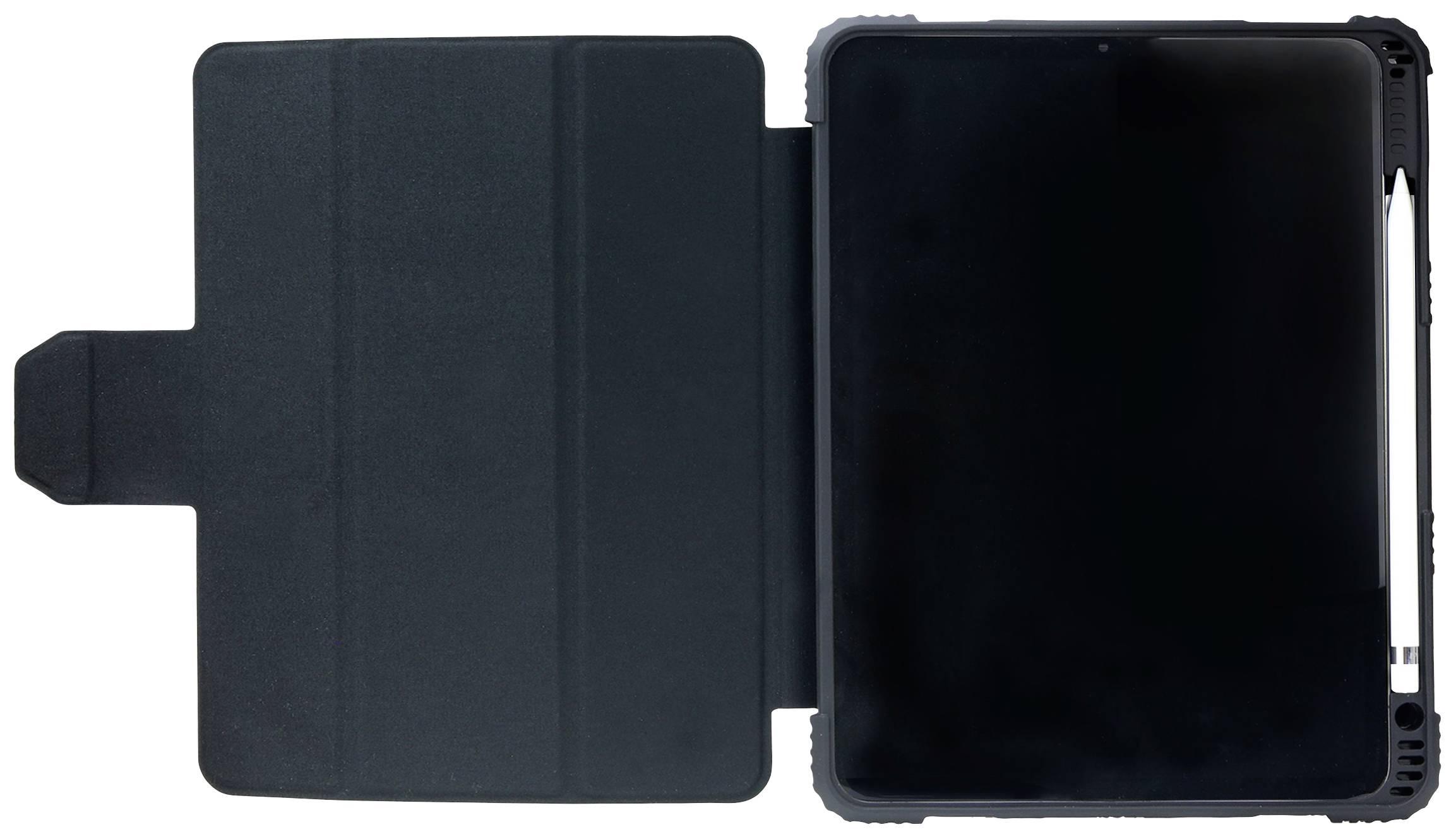 Tablet s černým pouzdrem a stylusem, přičemž pouzdro je otevřené a ukazuje obrazovku tabletu.