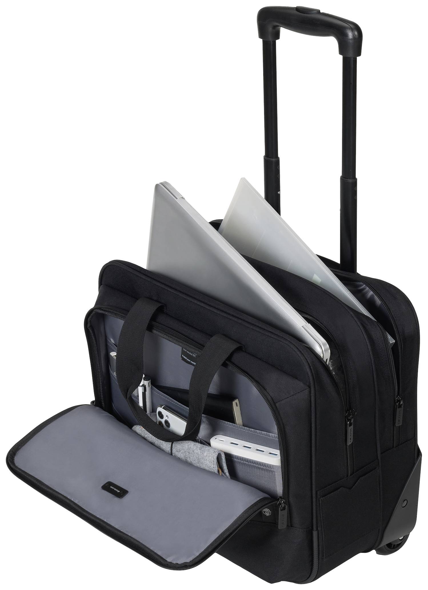 Černý kufr na kolečkách s teleskopickou rukojetí, otevřený, ukazuje laptopy a organizační přihrádky pro příslušenství a dokumenty.
