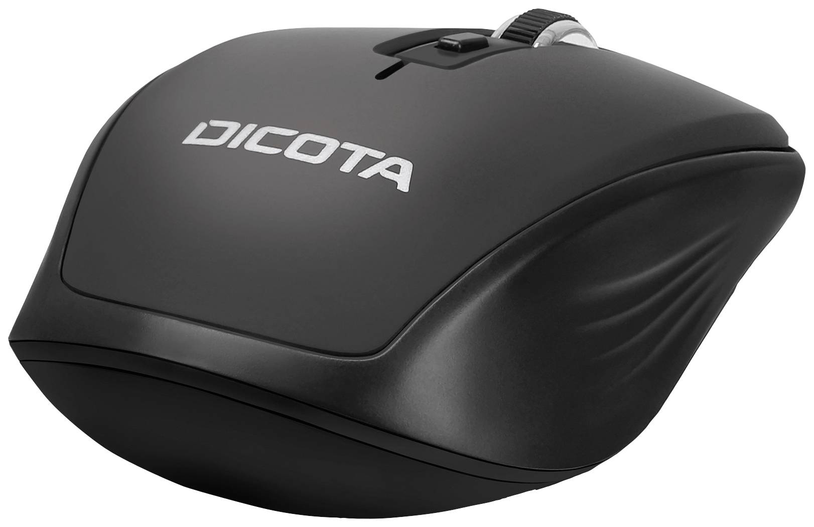 Černá bezdrátová myš značky 'Dicota' s ergonomickým designem a kolečkem pro posun, vhodná pro počítačové použití.
