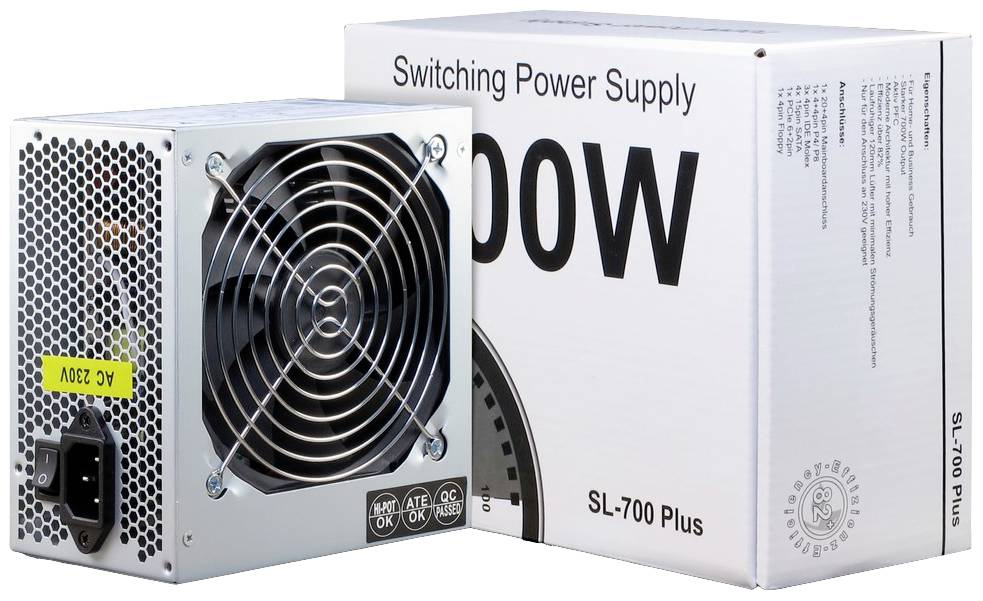Stříbrný napájecí zdroj počítače s ventilátorem vedle obalu s nápisem 'Switching Power Supply 700W SL-700 Plus'.