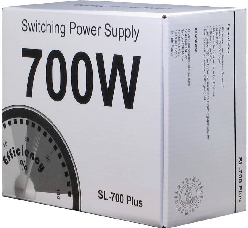 '700W napájecí zdroj SL-700 Plus, efektivní a výkonný. Vhodný pro počítačový hardware. Obsahuje technické specifikace.'