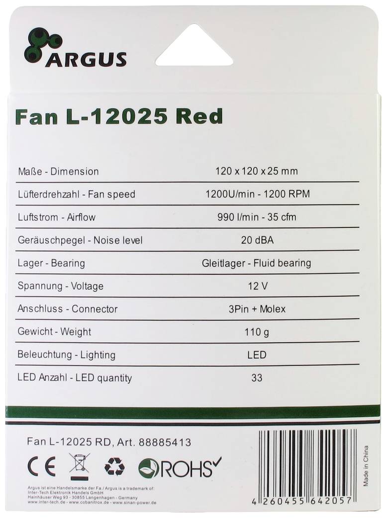 Štítek obalu ventilátoru 'Fan L-12025 Red' od společnosti Argus s technickými specifikacemi včetně rozměrů, otáček, objemu vzduchu, hlučnosti a dalších technických parametrů.