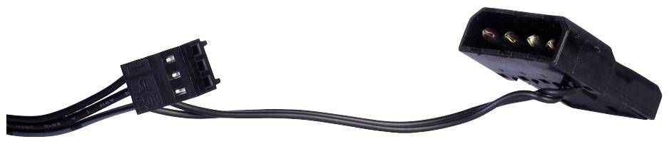 Černý kabel Molex konektoru se třemi kolíky vlevo a čtyřmi zdířkami vpravo.