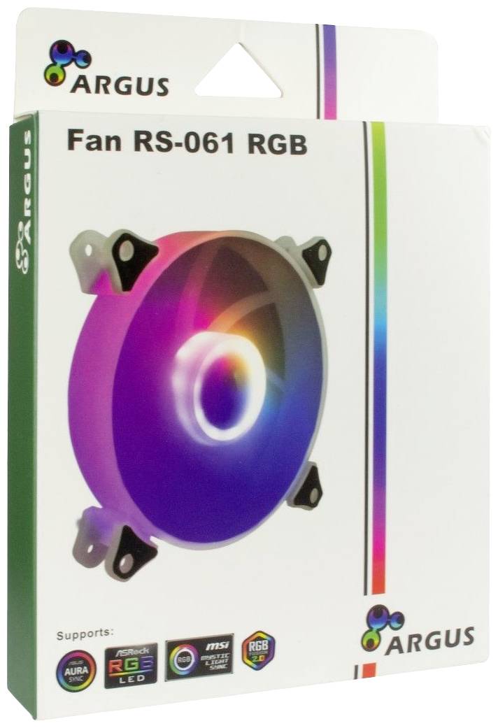 Obal ventilátoru ARGB od společnosti ARGUS, model RS-061. Zobrazuje kulatý, zářící RGB ventilátor s barevnými světelnými efekty.
