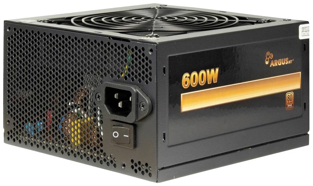Černý počítačový napájecí zdroj s ventilátorem a nápisem '600W'.Hodí se pro napájení počítačů se střední energetickou náročností.