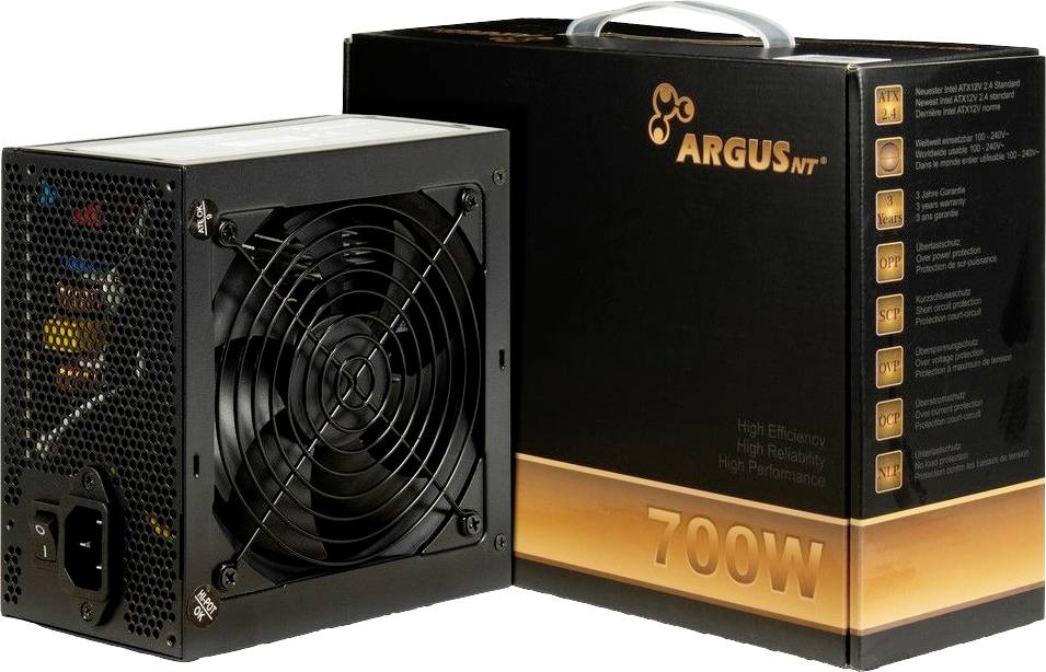 Napájecí zdroj 'ARGUS NT 700W' s ventilátorem a černým tělem, vedle něj balení. Navržen pro vysokou účinnost a výkon.