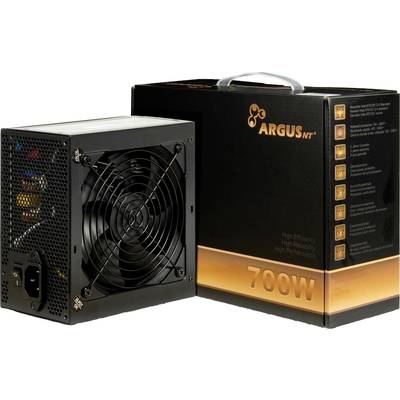 Napájecí zdroj 'ARGUS NT 700W' s ventilátorem a černým tělem, vedle něj balení. Navržen pro vysokou účinnost a výkon.