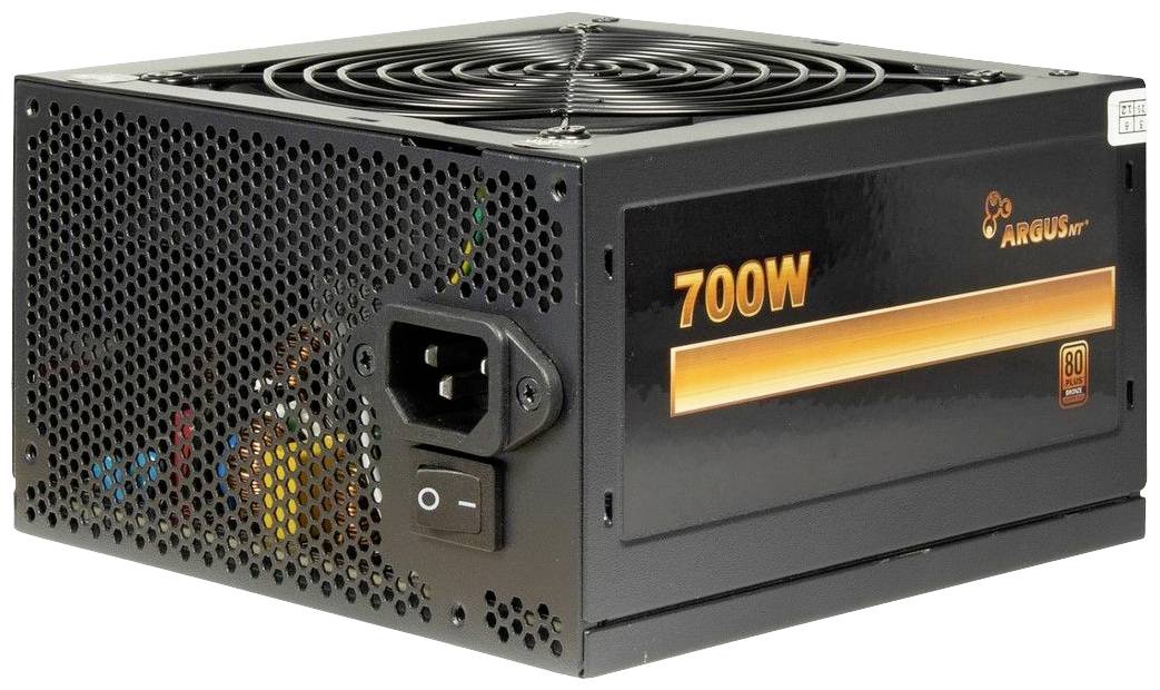 Černý počítačový napájecí zdroj s nápisem '700W' na boku, nahoře viditelný ventilátor, síťový vypínač a přípojky na zadní straně.