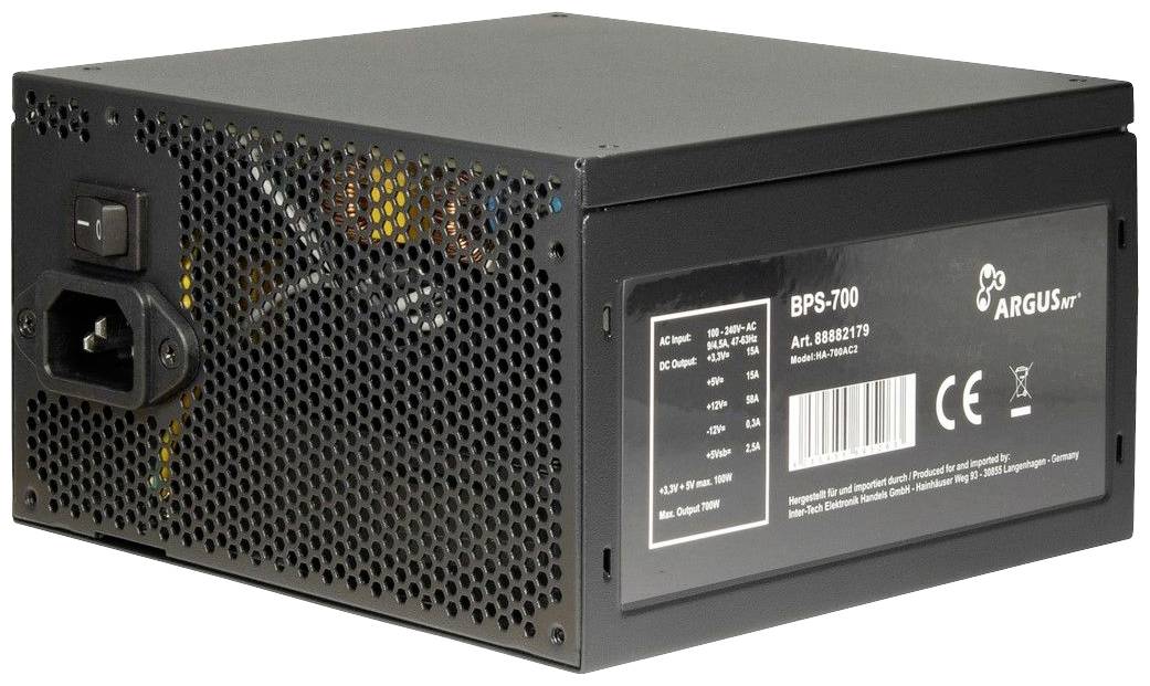 Černý počítačový napájecí zdroj s ventilační mřížkou a štítkem s technickými specifikacemi a certifikacemi.