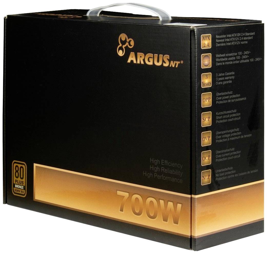 Černý obal s oranžovým akcentem, logo Argus NT. 700W napájecí zdroj s certifikací 80 Plus Bronze, vysoká účinnost.