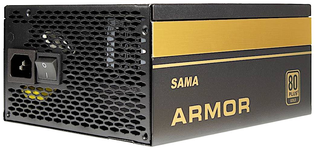 Černý počítačový zdroj se zlatými akcenty. Značka 'SAMA' a model 'ARMOR' jsou viditelné. Certifikace 80 Plus Gold.