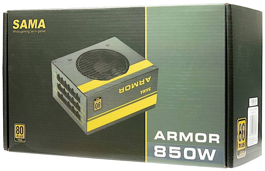 Obal napájecího zdroje značky SAMA, model Armor 850W, certifikovaný 80 Plus Gold. Obrázek napájecího zdroje na přední straně.