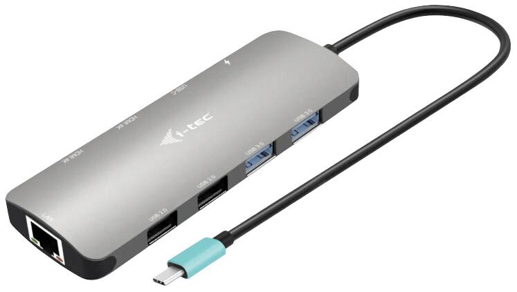 USB-C hub s více porty: Ethernet, HDMI, USB-A a USB-C. Zařízení ve stříbrné barvě s černým kabelem.