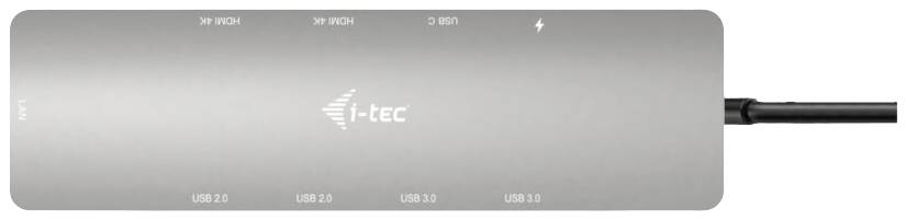 Stříbrný USB hub i-tec s konektory: USB-C, HDMI a třikrát USB 3.0. Kabel je umístěn na boku.