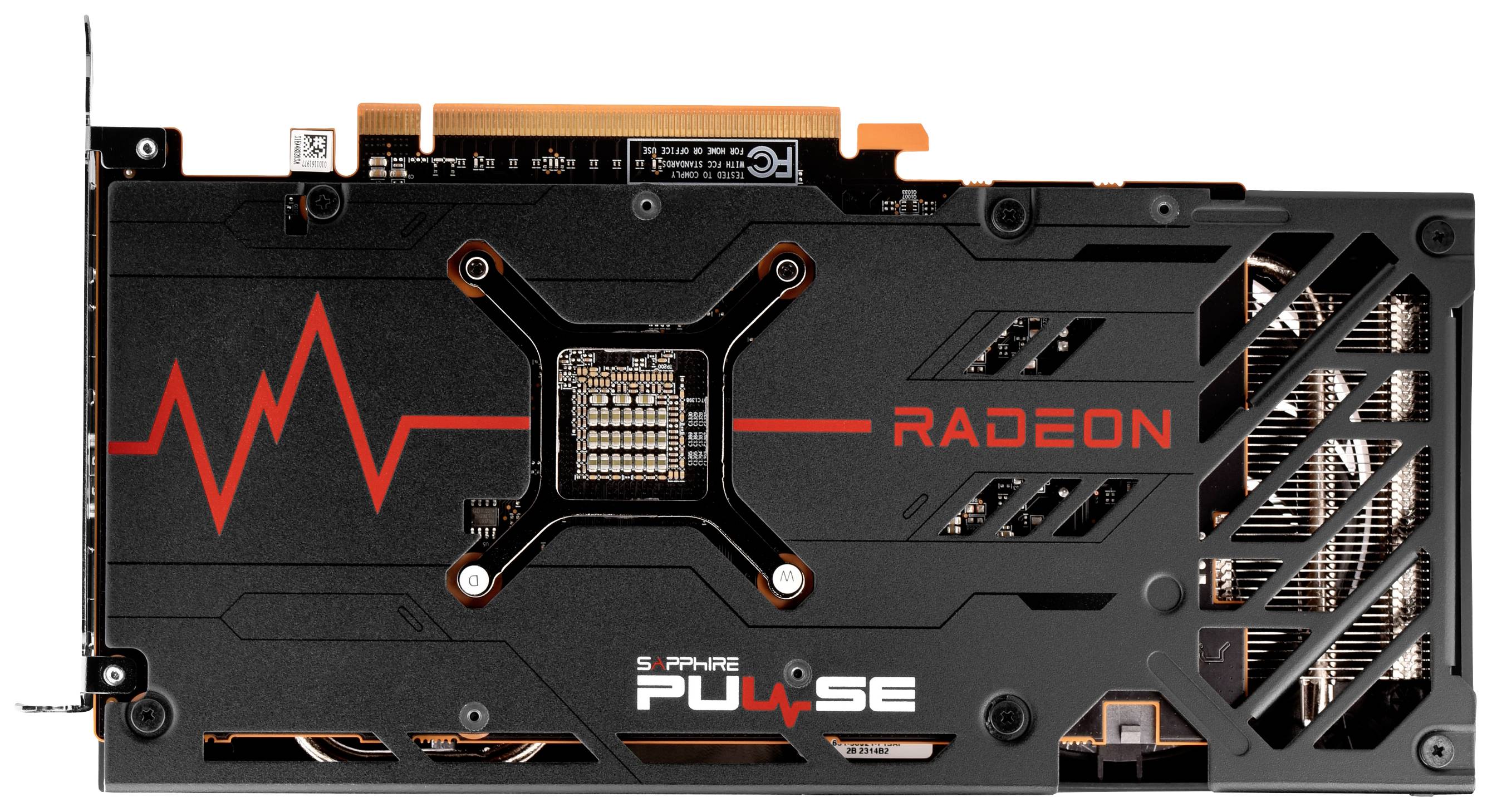 Grafická karta, zadní strana s černým designem a červeným pulzním motivem. Název značky 'RADEON' viditelný. Model: SAPPHIRE PULSE.