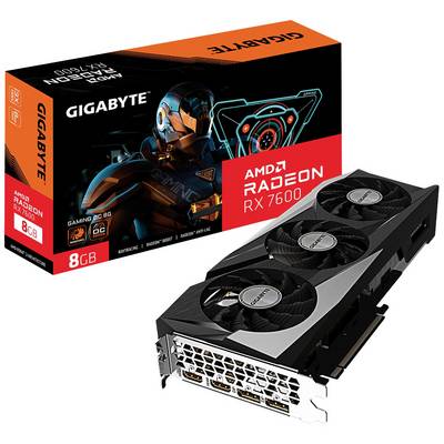 Grafická karta 'AMD Radeon RX 7600' od společnosti Gigabyte s 8GB pamětí. Obal zobrazuje futuristický robotický design.