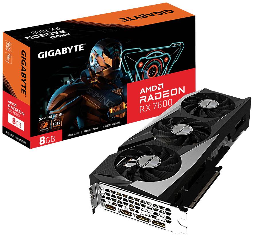 Grafická karta Gigabyte AMD Radeon RX 7600 s 8 GB. Design obalu zobrazuje futuristického robota. Obsahuje konektory pro displej.