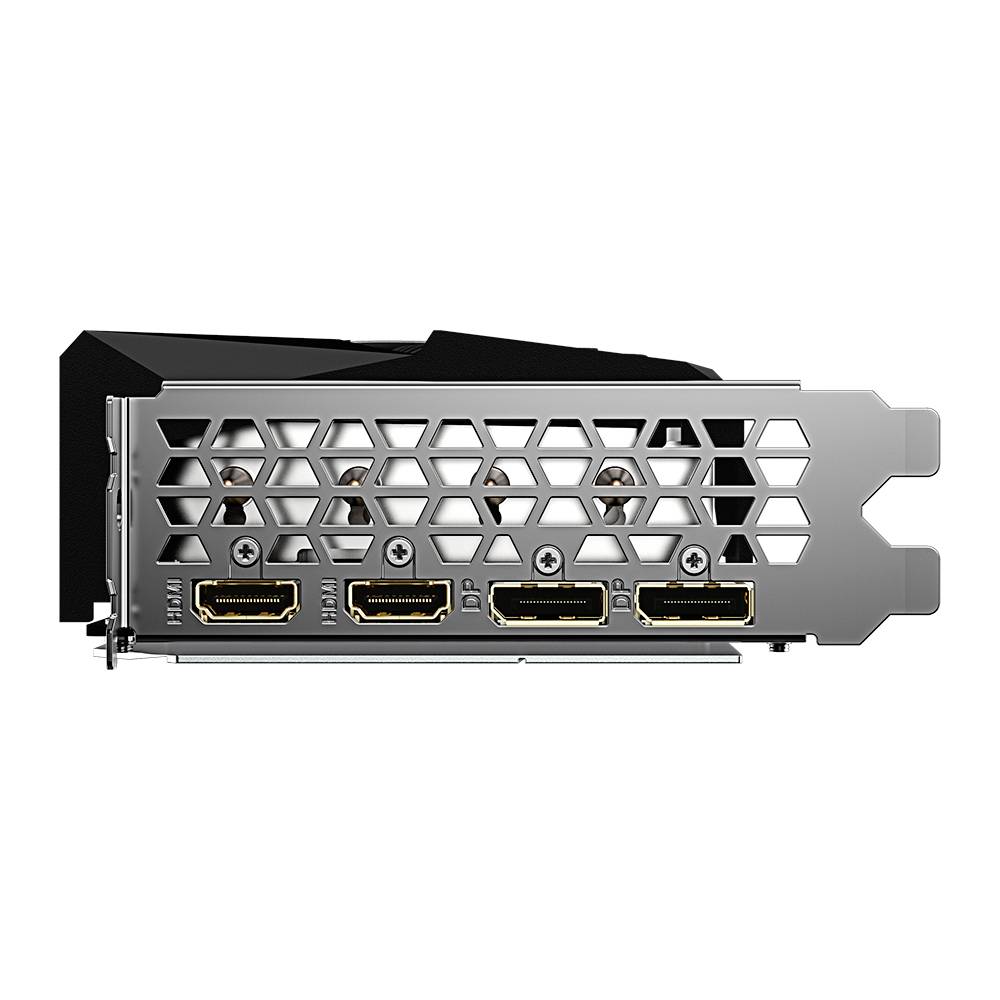 Zadní strana grafické karty zobrazuje tři HDMI porty a dva DisplayPort porty v mřížkovém uspořádání.
