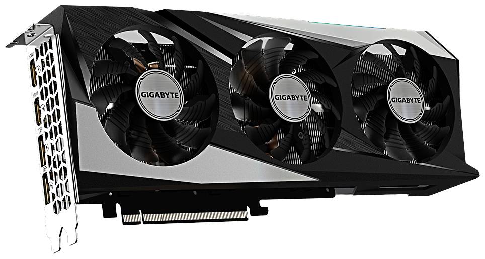 Grafická karta se třemi ventilátory, logo značky na každém ventilátoru. Design v černé a stříbrné barvě. Kryt s chladicími žebry.