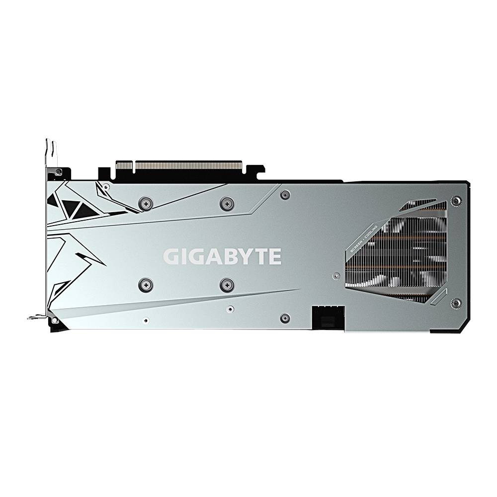 Zadní strana stříbrné grafické karty s logem GIGABYTE a geometrickým designovým vzorem.