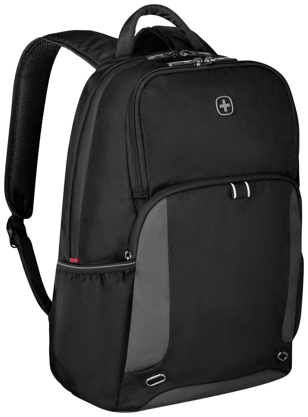 Černý batoh s šedými detaily, několika kapsami a horním uchem. Vhodný pro každodenní použití.