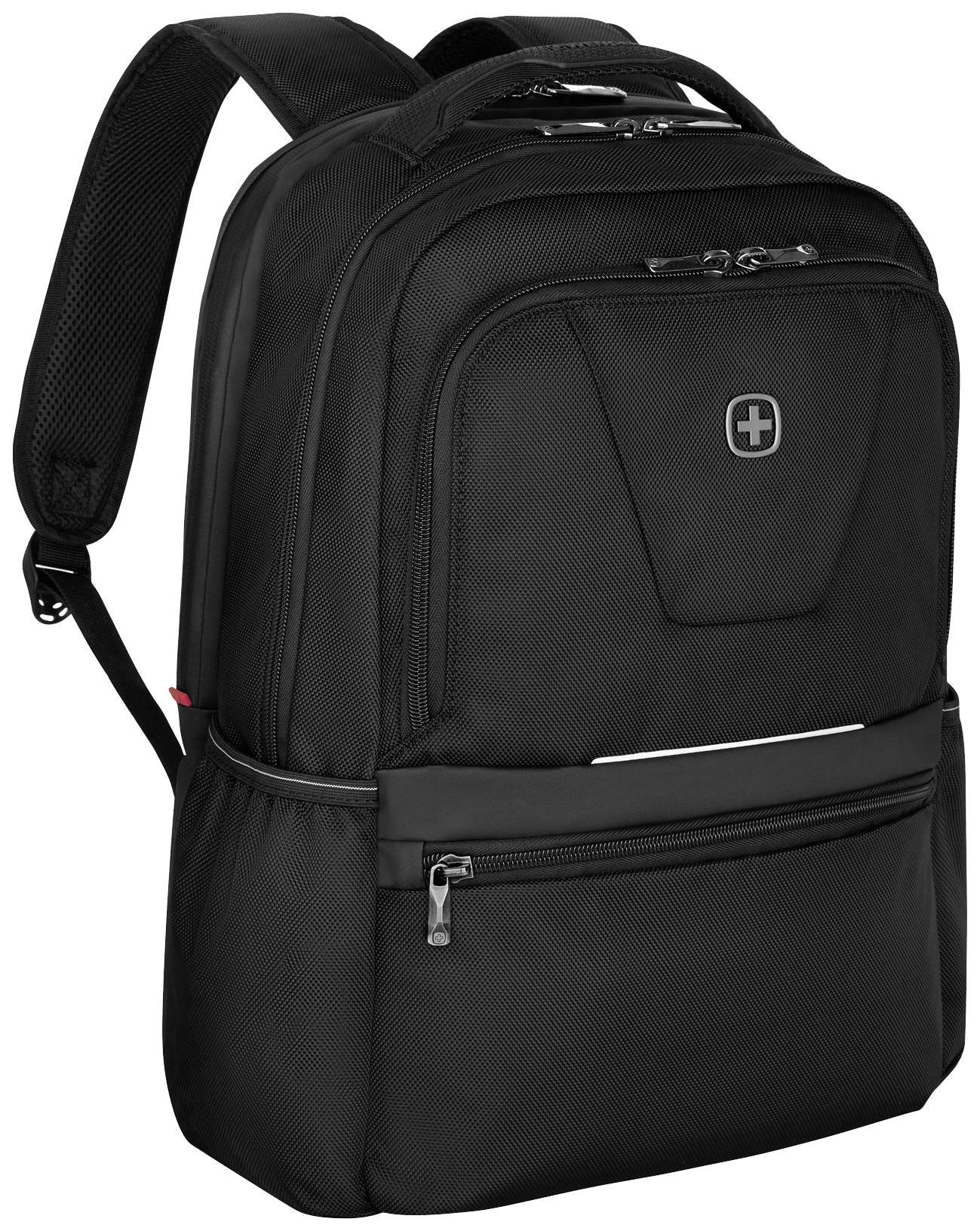 Černý batoh s několika kapsami, zipem a ergonomickými ramenními popruhy, vhodný do školy nebo do kanceláře.