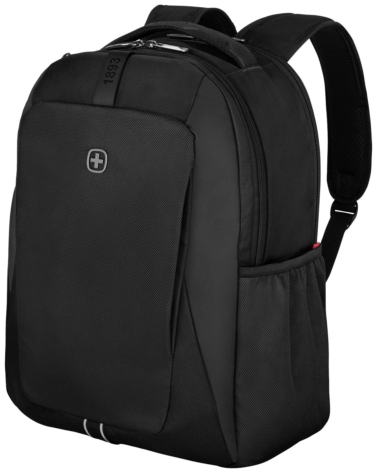 Černý batoh s přední kapsou a síťovanými bočními kapsami. Polstrované ramenní popruhy, odolná konstrukce, vhodný pro laptopy.