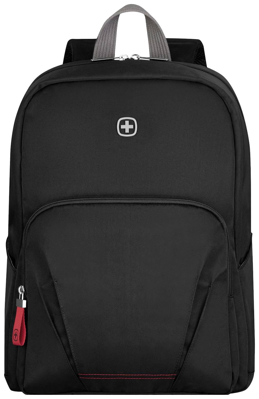Černý batoh s logem uprostřed. Přední kapsa na zip, jednoduché designové provedení, červené detaily na zipech.