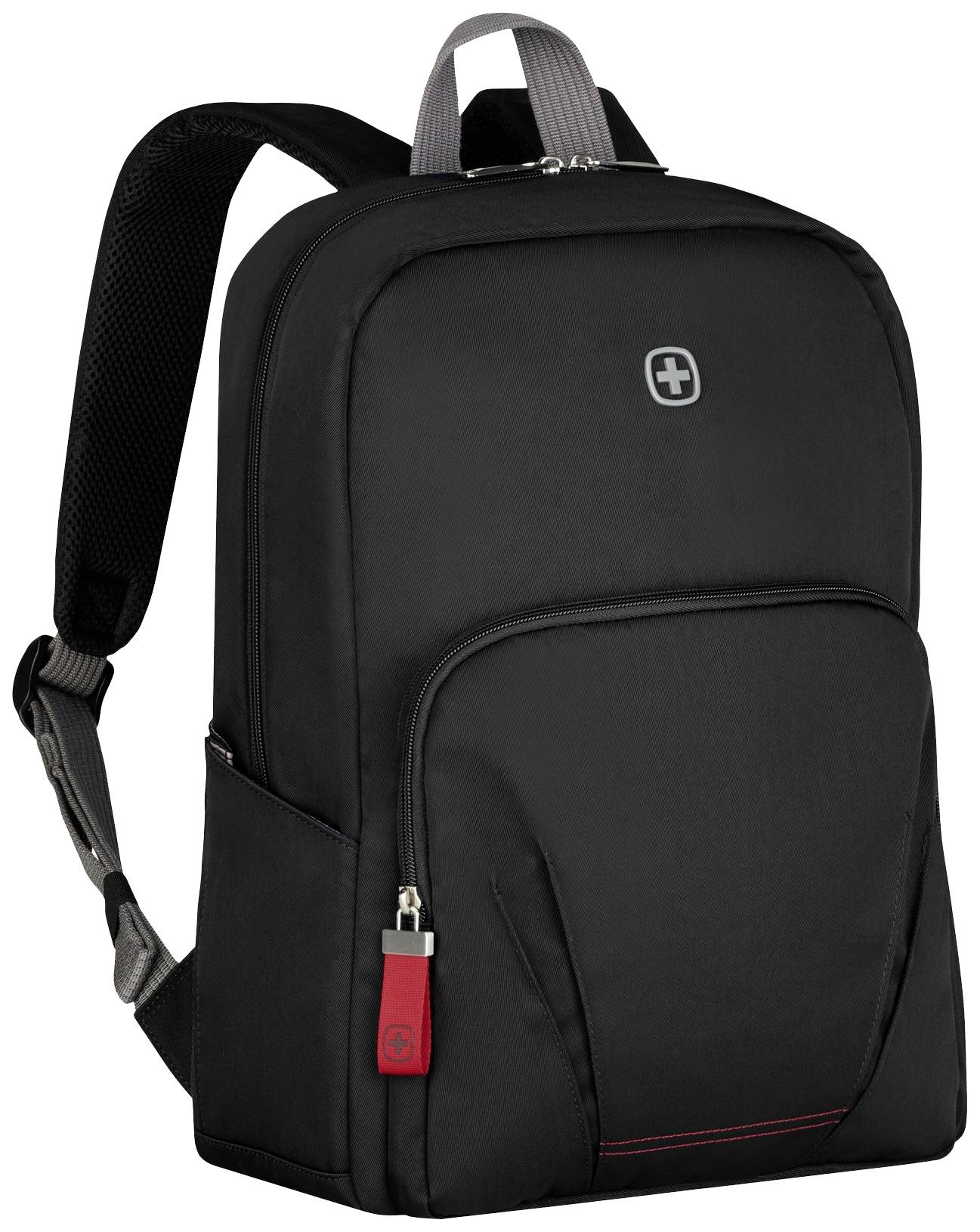 Černý batoh se dvěma popruhy a zip. Na přední straně má malé logo a červenou štítkovou smyčku.