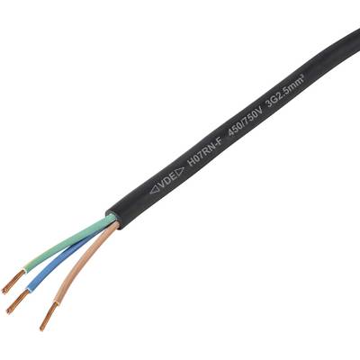 Černý elektrický kabel zobrazující tři odkryté měděné vodiče s barevnou izolací: modrý, hnědý a zeleno-žlutý. Označený jako 'H07RN-F 450/750V 3G2.5mm²'.