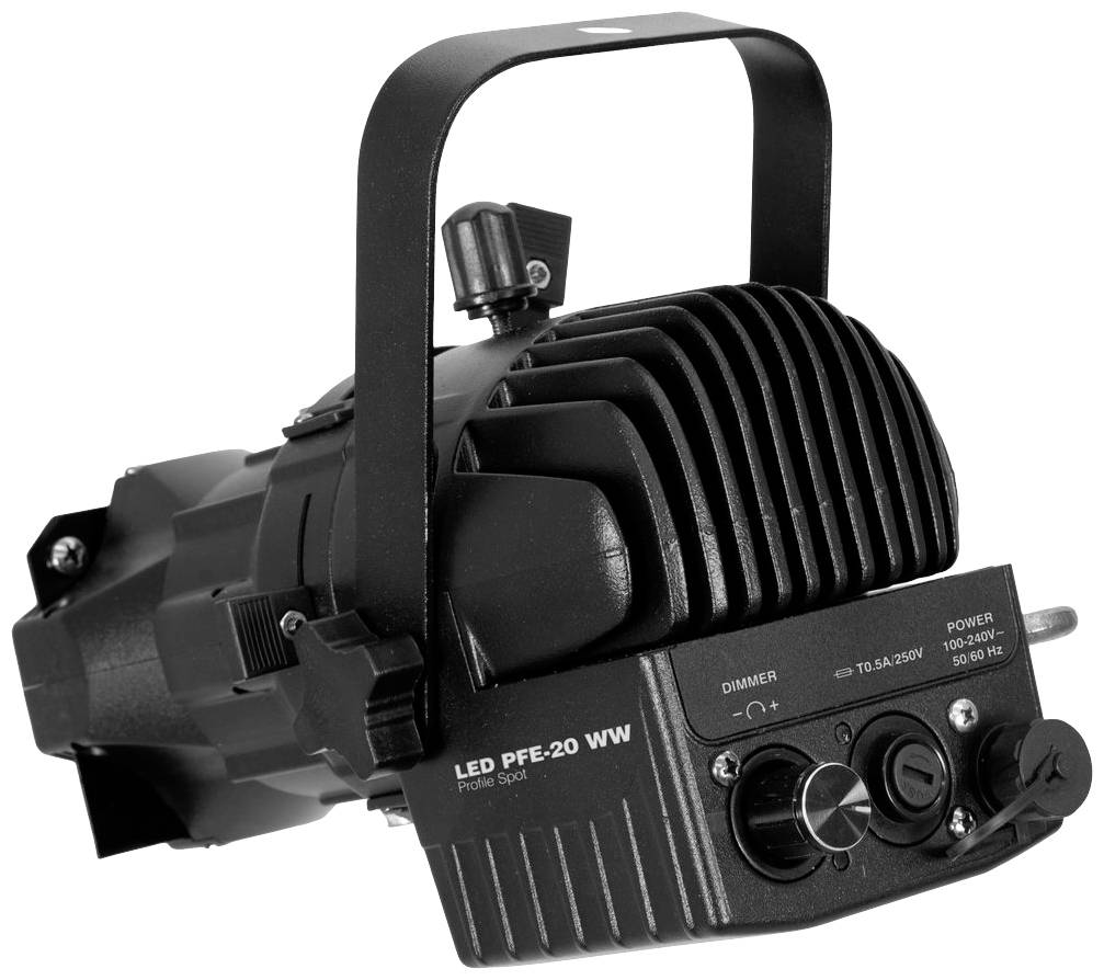 Černý LED reflektor s rukojetí, model 'LED PFE-20 WW'. Viditelné spínače a připojení pro ovládání výkonu a intenzity osvětlení.