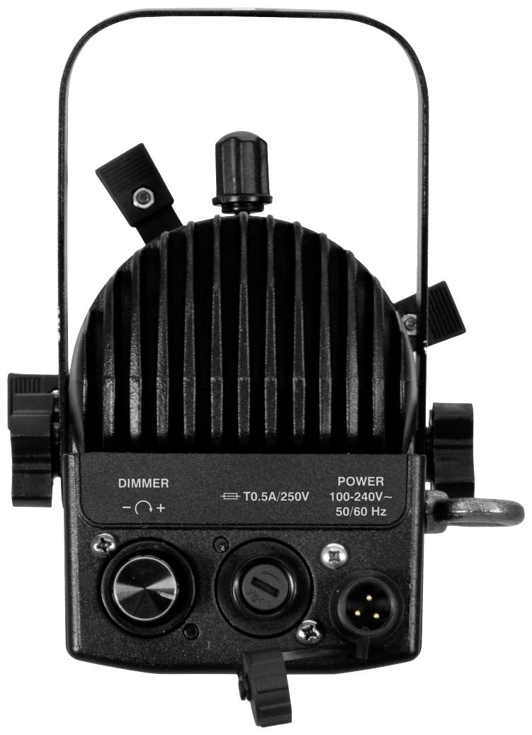 Černobílé studiové světlo pohledem shora, vybavené stmívačem a přípojnými zdířkami, ukazuje ovládací prvky pro intenzitu osvětlení a napájení.