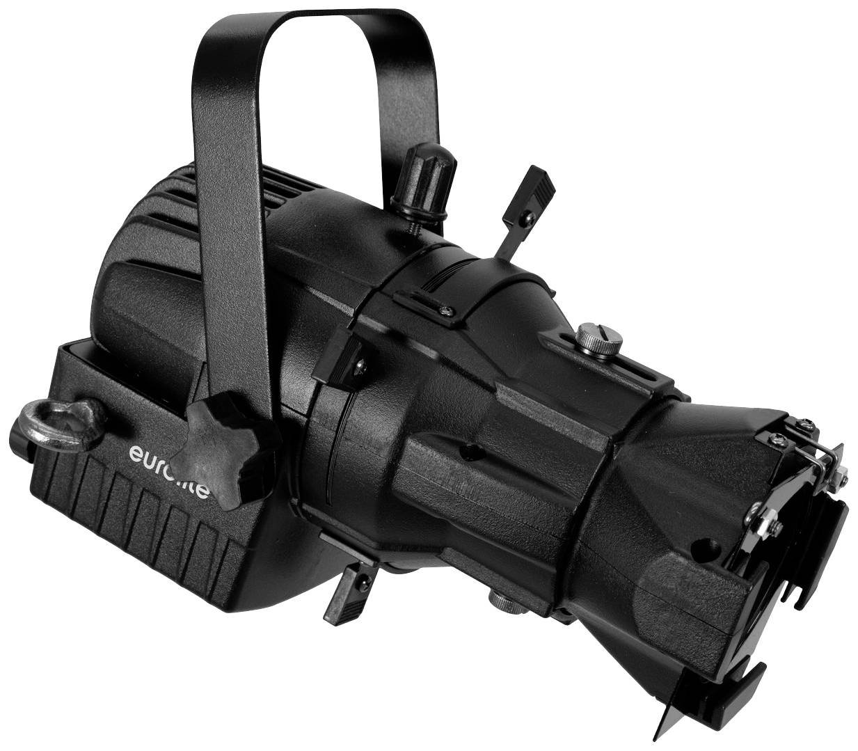 Černý divadelní reflektor s upevňovacím třmenem a vstupem pro kabel, vhodný pro jevištní osvětlení a profesionální použití.