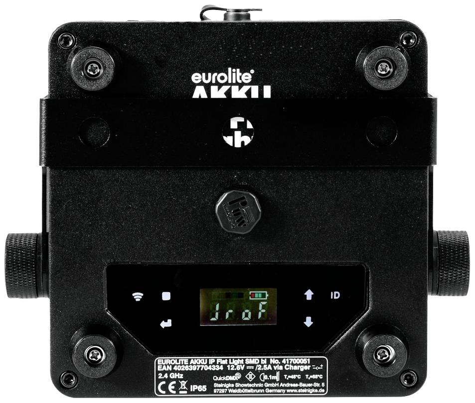 Černé elektronické zařízení s displejem a tlačítky. Nápis 'Eurolite AKKU'. Viditelný symbol Wi-Fi a text 'Akku'.