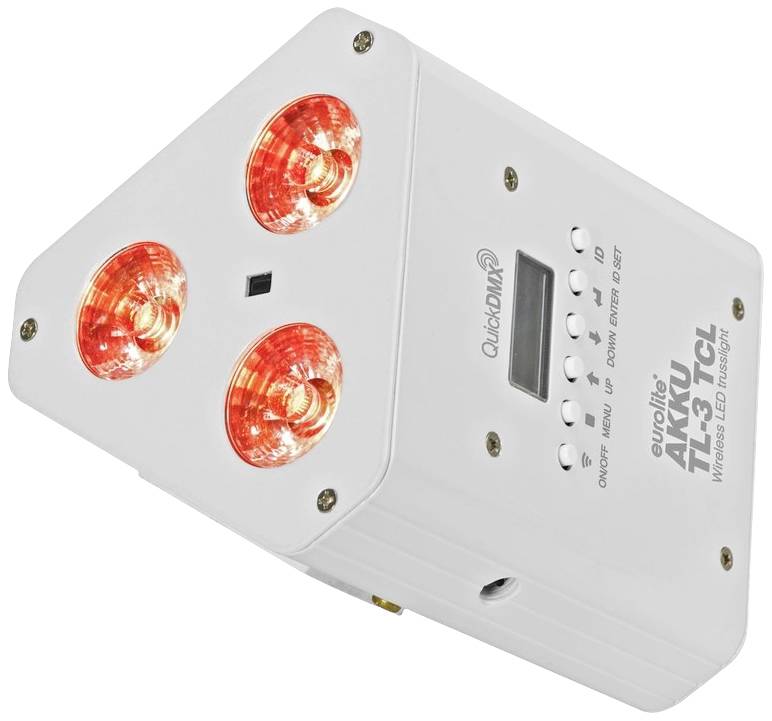 Trojúhelníkový LED reflektor se třemi svítícími červenými lampami, černým propojovacím tlačítkem a ovládacím panelem na straně.