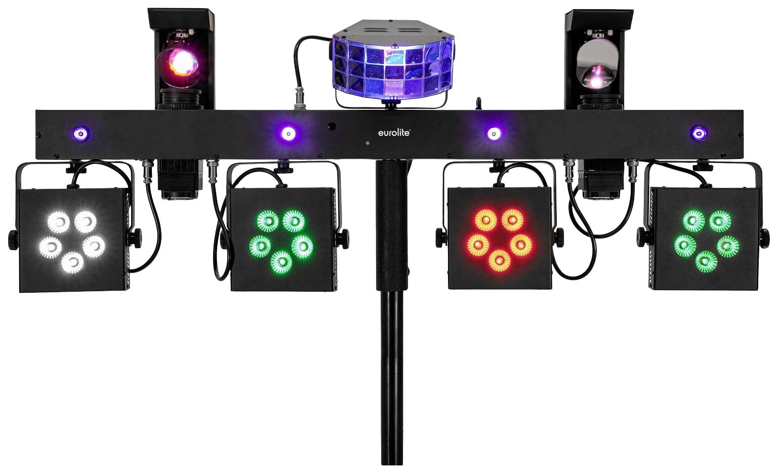 Eurolite LED-světelný systém s čtyřmi světelnými efekty v červené, zelené a bílé barvě, namontovaný na tyči. Ideální pro pódiová vystoupení.