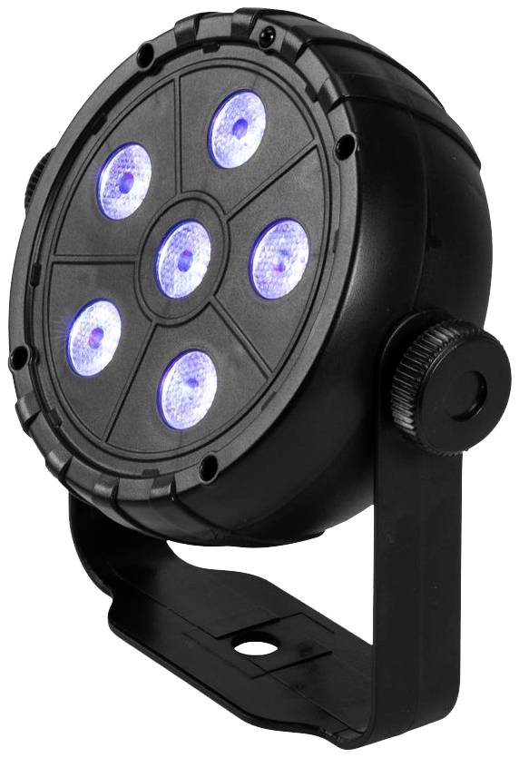 Černý LED reflektor se šesti modrými světly, umístěný na nastavitelném stojanu.