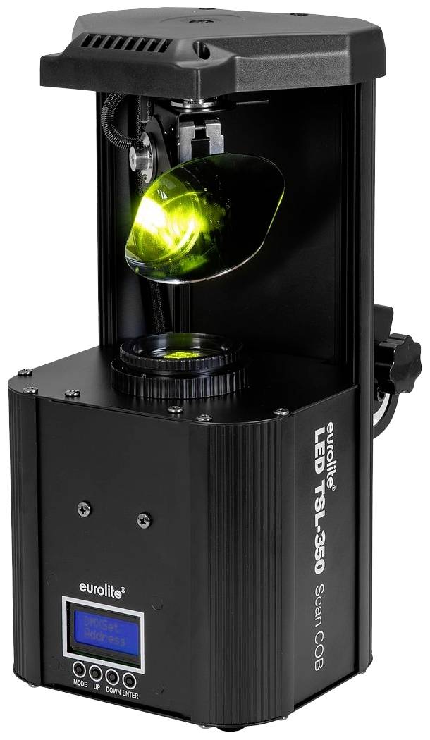 Černošedý LED světelný projektor se otočným zrcadlem a digitálním displejem. Značka 'eurolite'.