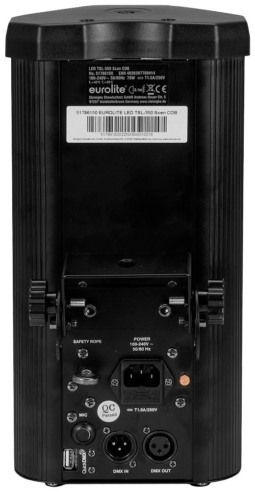 Zadní pohled na černý LED reflektor s různými konektory a štítkem s technickými specifikacemi nahoře.