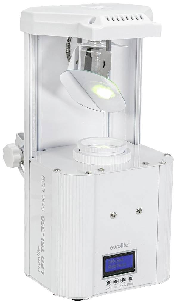 Bílý vertikálně stojící LED skener se zrcadlovým nástavcem. Skener je od společnosti 'Eurolite' a má ovládací panel na spodní straně.
