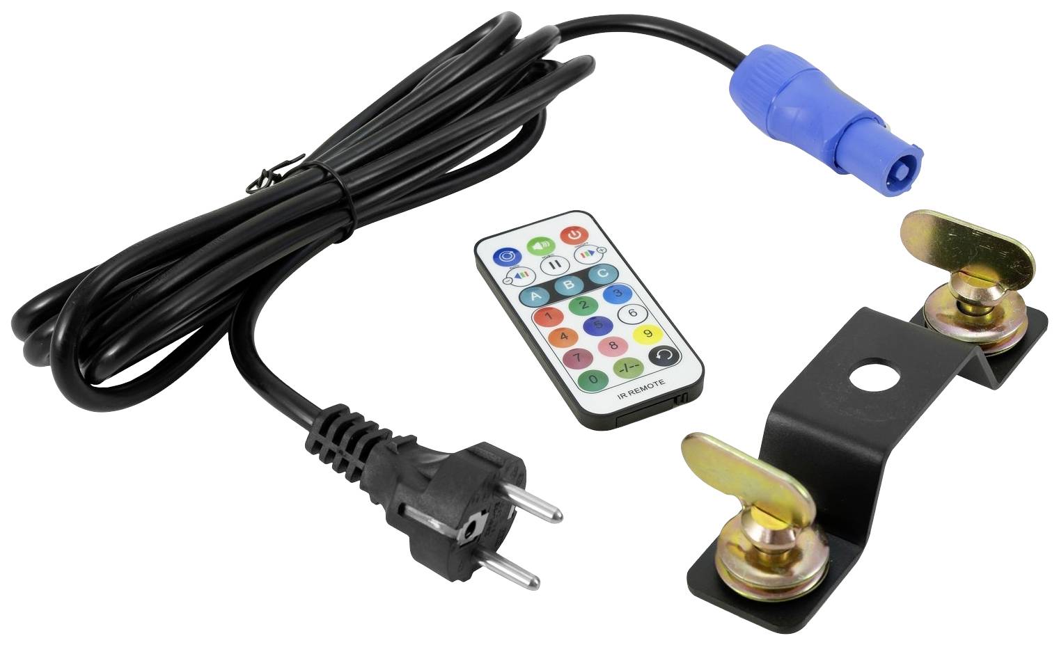 Obrázek zobrazuje elektrický napájecí kabel se zástrčkou, dálkové ovládání a kovový držák s upevňovacími šrouby.