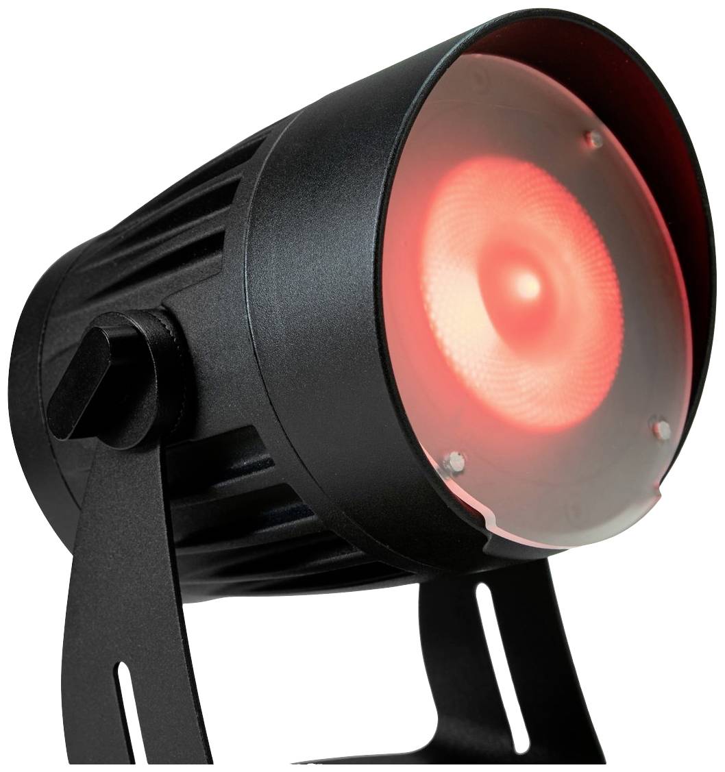 Černý LED reflektor se svítícím červeným světlem, vhodný pro jevištní osvětlení nebo dekoraci.