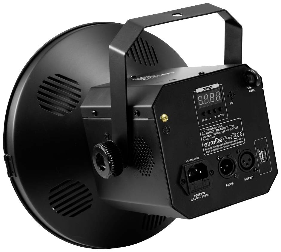 Černý LED reflektor s ovládacím panelem a konektory na zadní straně, značka 'Eurolite'. Vhodný pro jevištní osvětlení.